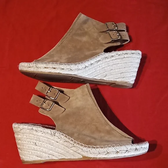 KANNA Nude Tan Suede Open Toe Wedge Double Buckle Slingback Sandals. Size 91/2. - Picture 1 of 16